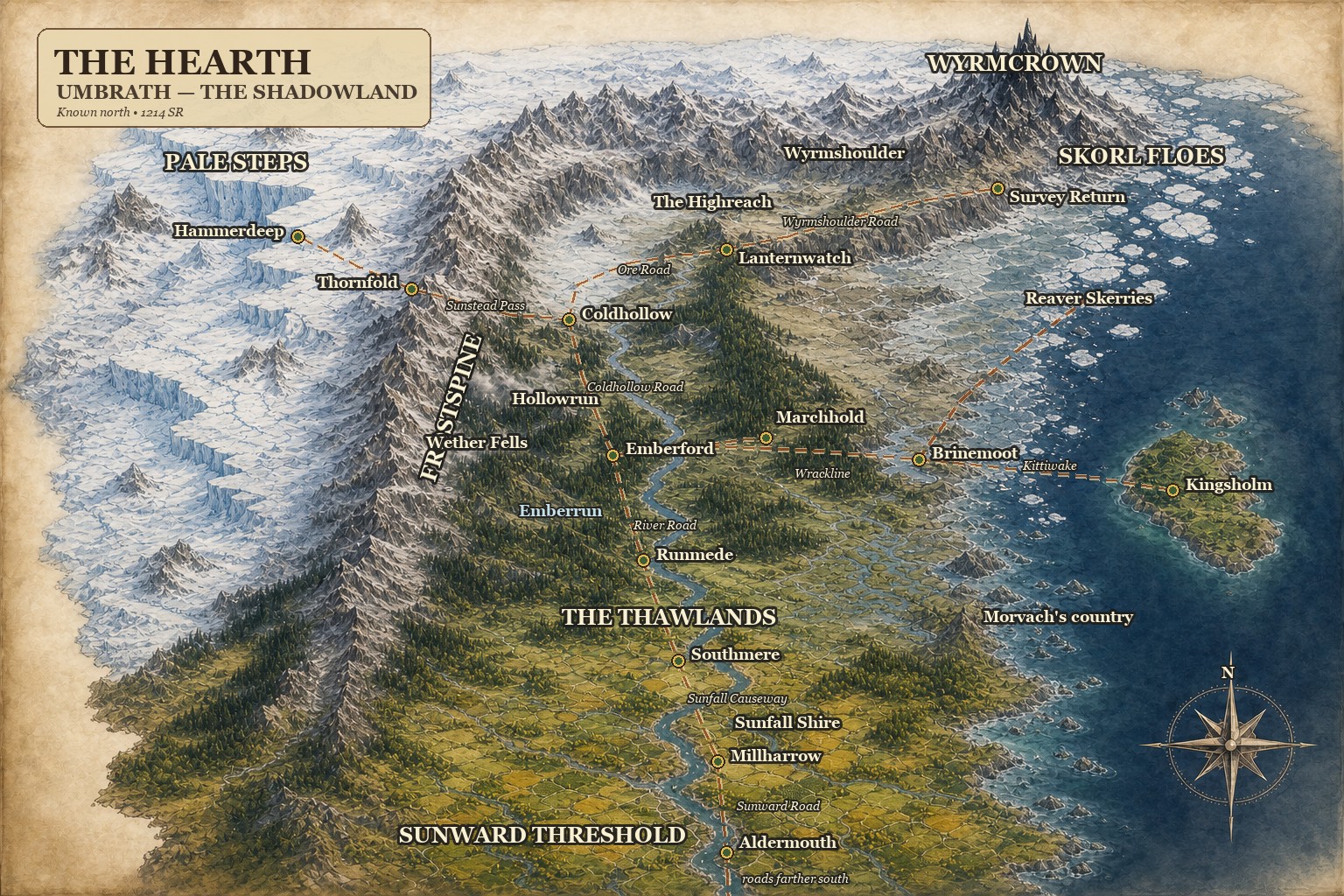 Illustrated geographic atlas of Umbrath, from the Pale Steps and Frostspine to the Skorl Floes and Kingsholm, with the Emberrun corridor descending through the Thawlands to warm Aldermouth at the Sunward Threshold.
