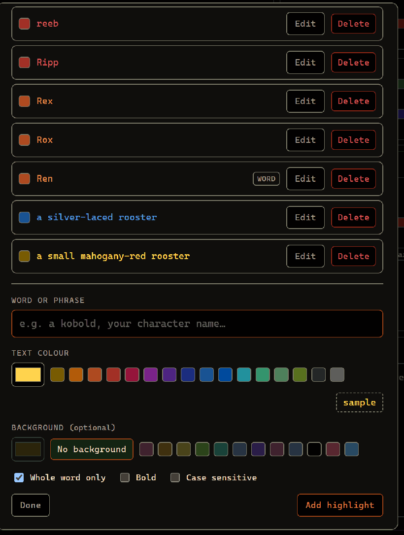 The name highlights editor: a list of highlighted words each with a colour swatch, a palette of text and background colours, and whole-word, bold and case-sensitive options.