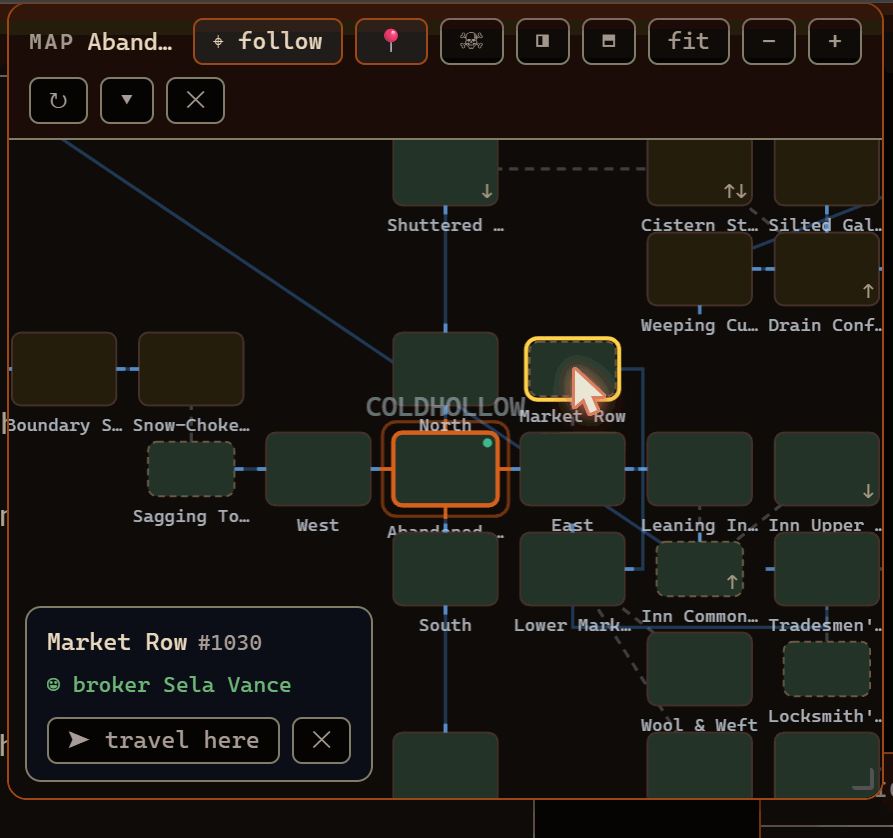 The live map panel: Coldhollow's rooms as linked tiles with the current room ringed, and a clicked room showing a card that names who is there with a 'travel here' button.