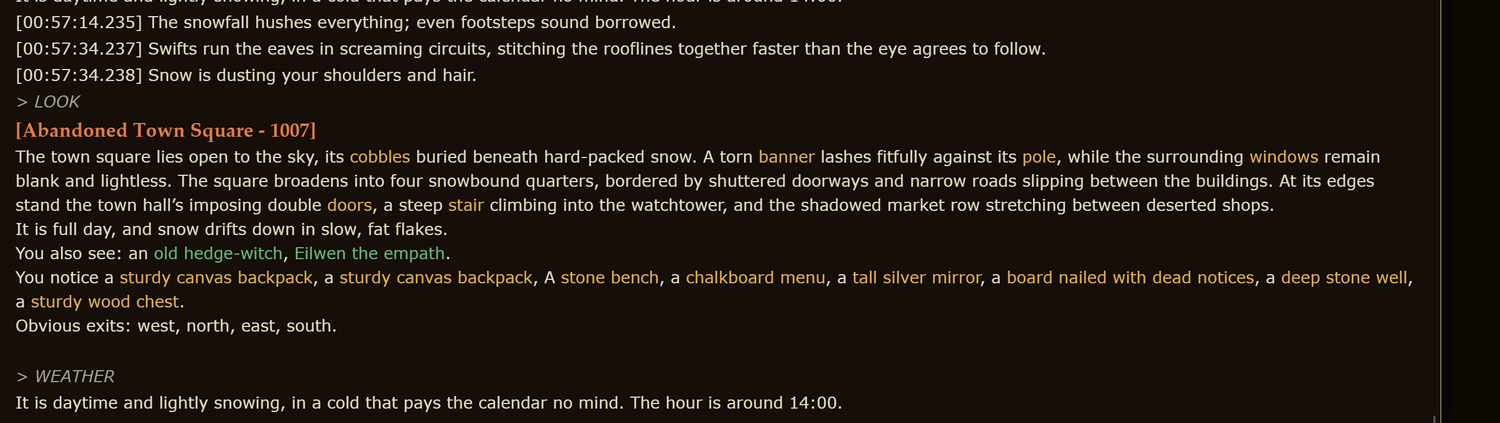 Coldhollow's town square: snow falling in fat flakes, snow dusting the character's shoulders, and a WEATHER line naming a cold that pays the calendar no mind.
